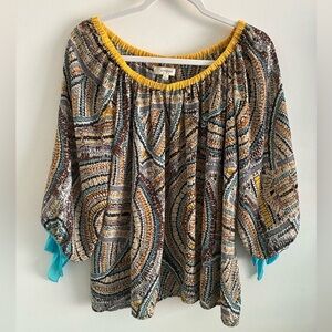 Umgee Top Large Boho Tie Puff Sleeve Abstract Artsy